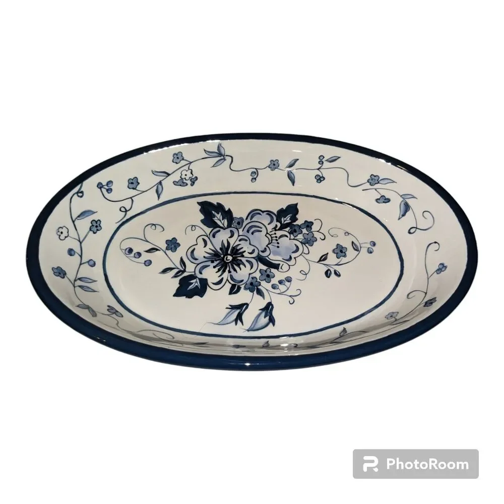 Lang Serving Bowls Earthenware Floral Blues Oval  set of 2 Blue white 9.75